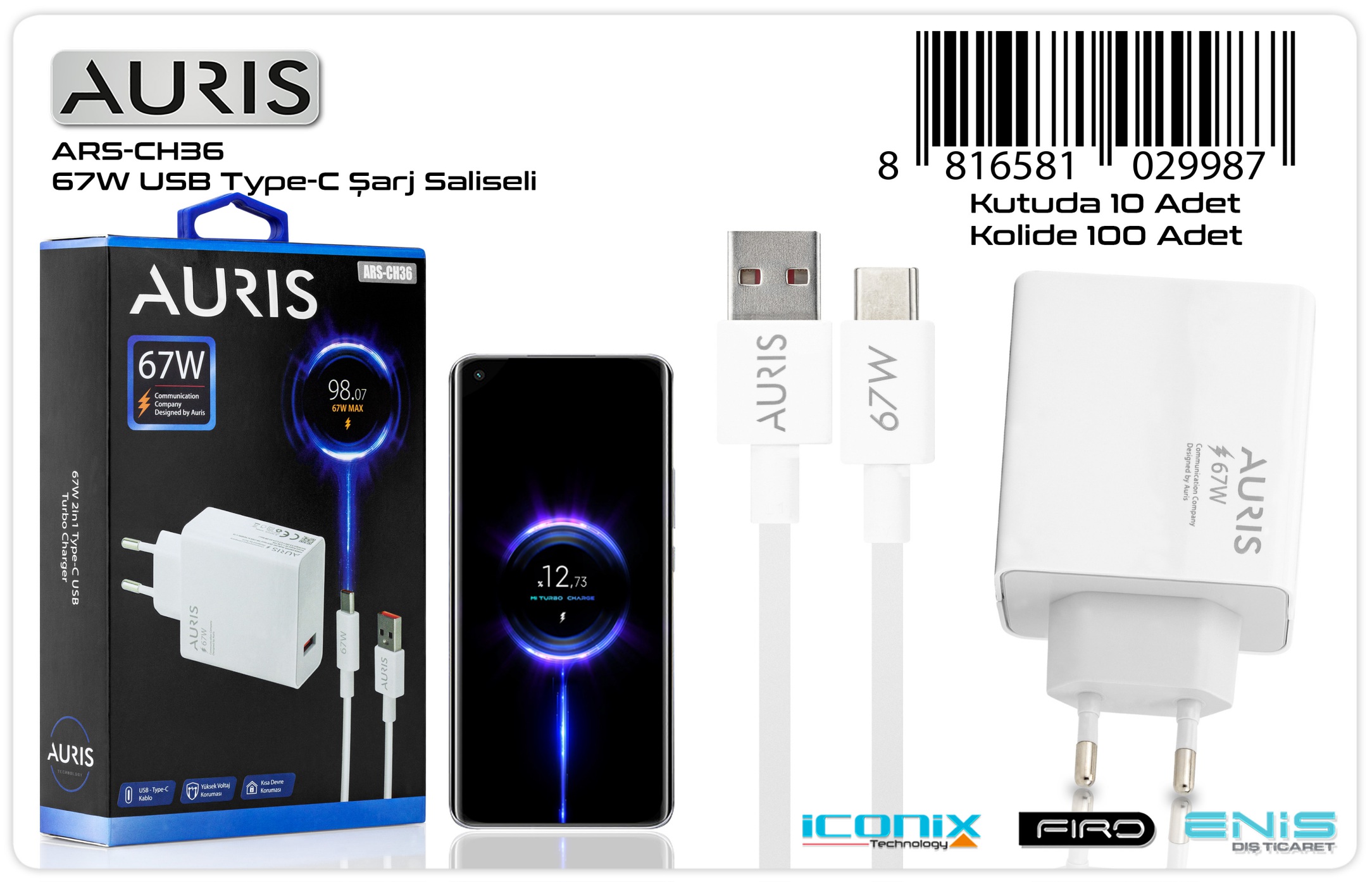 Auris CH36 67W Usb Adaptörlü Saliseli Turbo Hızlı Şarj Type-C Usb Şarj Seti